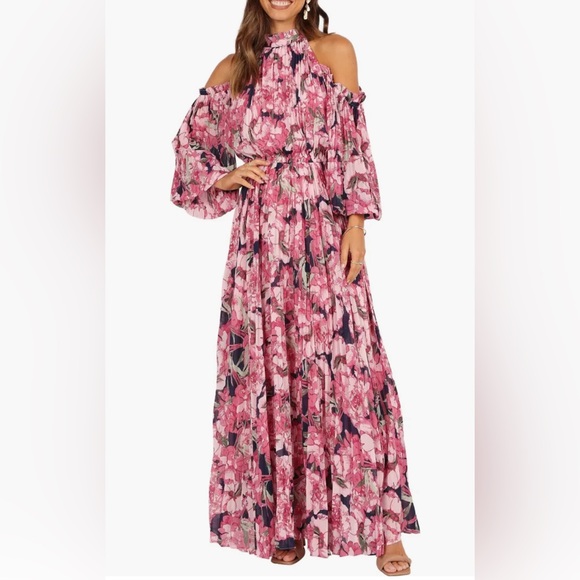 Petal and Pup Floral Hilary Pleated Maxi Cold Shoulder Long Sleeve Dress L - Picture 5 of 6